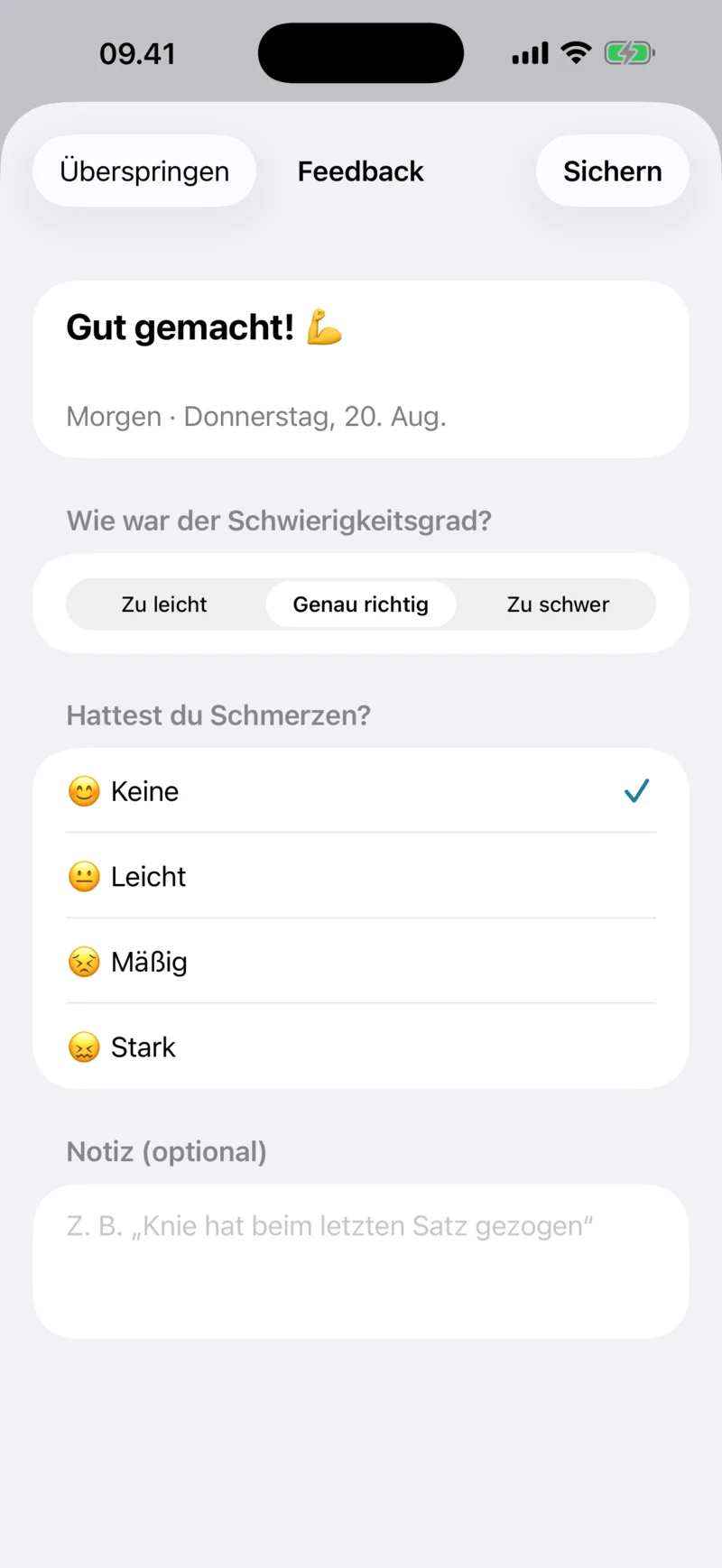 Feedback-Bildschirm mit Auswahl von Schwierigkeit und Schmerzen