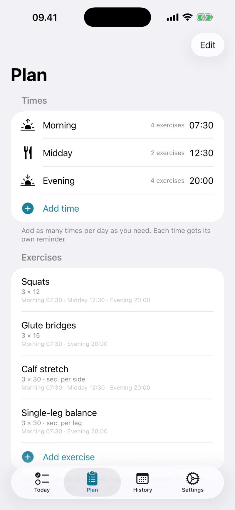 Plan screen with session times and exercises