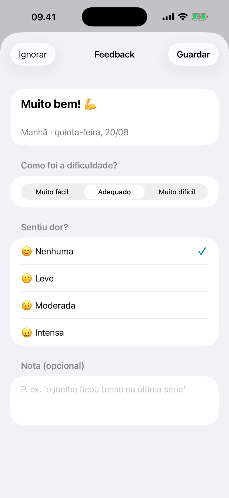 Ecrã de feedback com escolha de dificuldade e dor