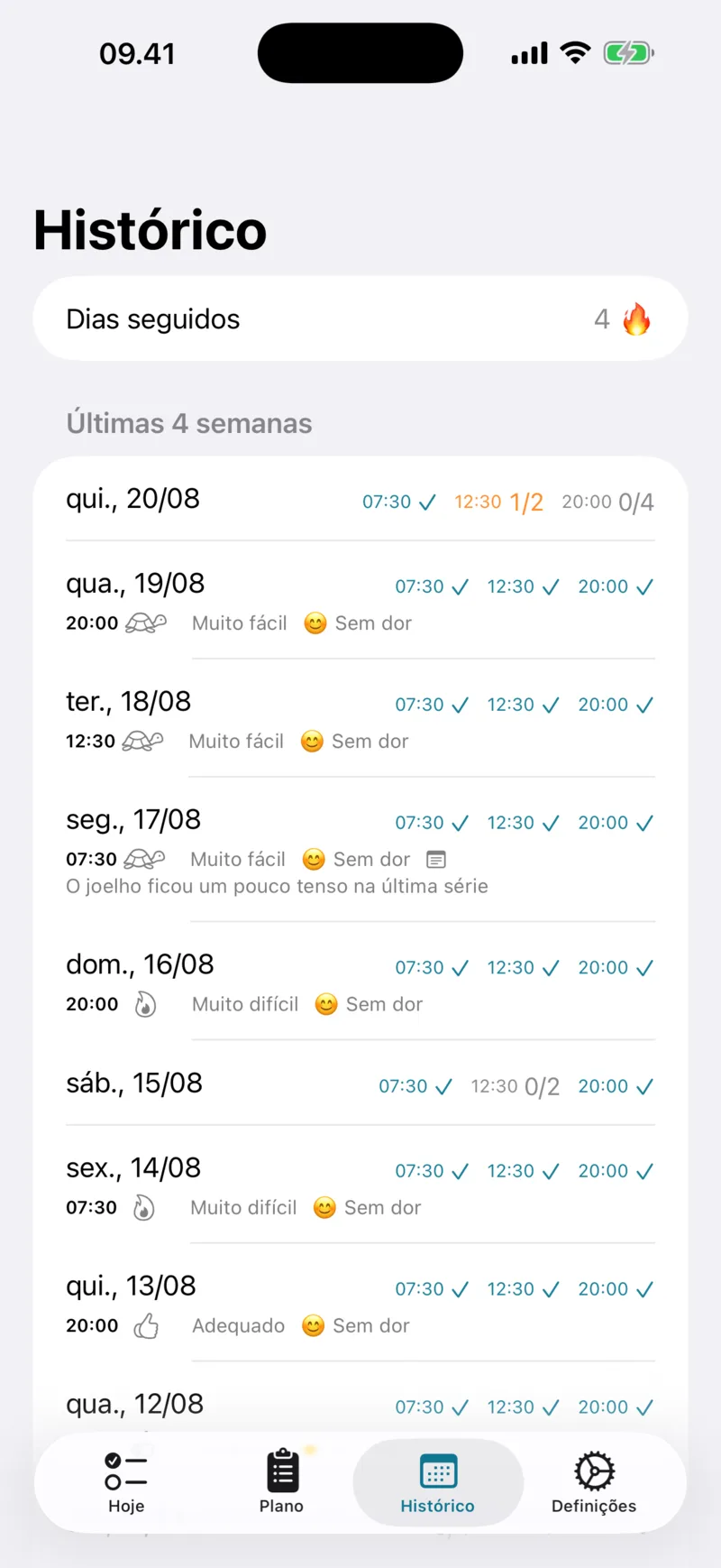 Ecrã Histórico das últimas quatro semanas